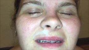 Giving huge tits wife surprise huge cum facial leaving her dripping in cum