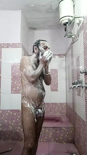Naked man take shower with live friends