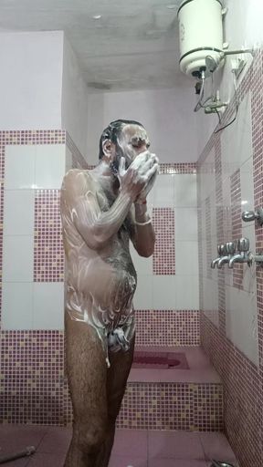 Naked man take shower with live friends