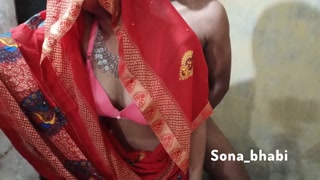 Indian Village wife sex with her husband wearing hot red saree and pink bra.
