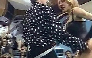 Blonde shemale dancing and fucking with 2 mans