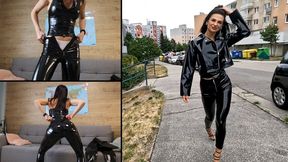 Jade wearing her pvc outfit and walking outdoors