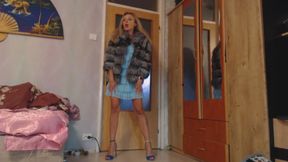 fur coat, high heels, striptease