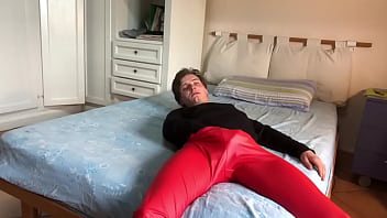 Fetish with red leather pants