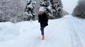 Vika Walking Barefoot on Snow, Barefoot Snow Walking, Frozen Feet, Girl on Snow Barefoot