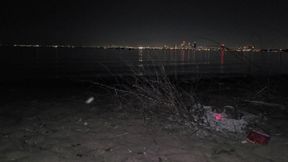 oiled masturbating and piss on the nude beach at night