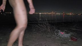oiled masturbating and piss on the nude beach at night