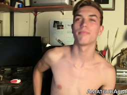 Skinny blond Atlas Evan wanking his dick hard until ejaculation