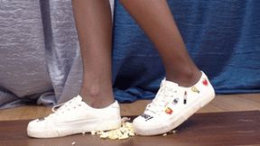 Lovely babe in white shoes steps and dances on many chips, fc171x 1080p