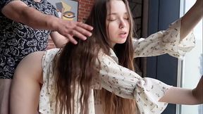 Brunette babe rides and gets fucked on the floor in rough POV