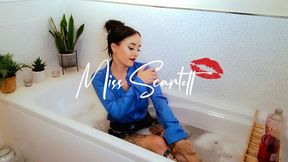 Scarlett's bath time in light blue satin blouse and leather skirt (WAM)