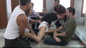 Corporate Cunt Gets His Mouth and Ass Infringed by a Mob of Horny Men