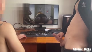 JERKING DICK ONTO A CUCKOLD AND WATCHING HENTAI CUMMING WITH MOANS