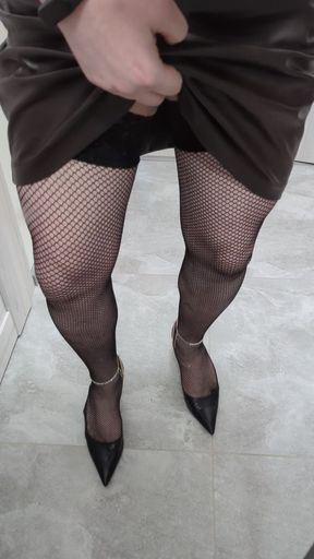Sissy Slut Masha In White Panties and Black Leather Miniskirt