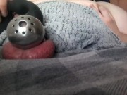 Cumming in chastity cage with a vibrator and eating the mess