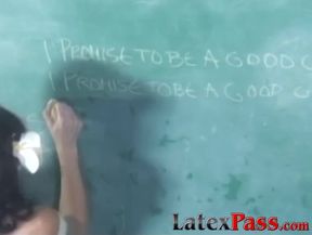 Detention domina spanks and dildo fucks latex sub