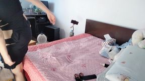Amateur wife having fun trying on clothes that she cuts. Sexy mom dancing naked in the house.