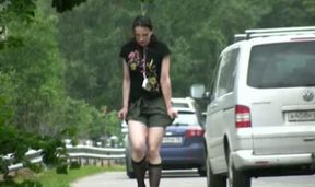 Pale skin amateur chick from Russia makes her khaki shorts wet