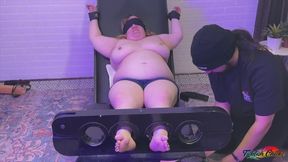 Tag Team Tickling Heather Topless on Her BBW Body and Feet While in Stocks with Magic Tickler Pt2