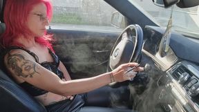 Chain Smoking Leather Goddess – Plays Pussy In The Driver Seat.