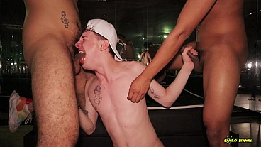 Hot Blowjob Threesome With Ginger Skinny Twink And Two Big Cock Daddies