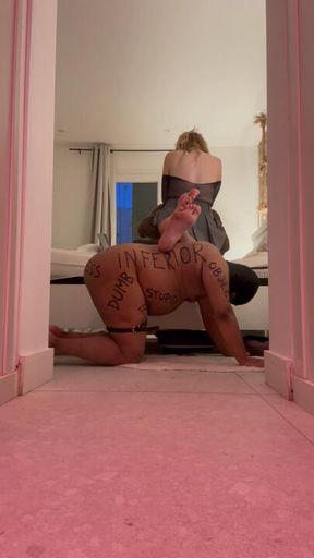 Slave is a footrest while I makeout with my girlfriend