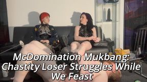 Miss Ruby & Goddess Elyse McDonald Mukbang Fuckbang Fail – Locked Pig Sucks Dildo, Eats Floor Chips, Footstool While We Chat & Ignore!