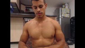 Muscled Latino Cums and Eats