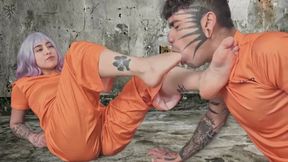 Sexy Prisoner Foot domination and Foot gagging for a new male prisoner who arrived to her cell