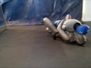 crocodile zentai struggles against masked dummy wrestler