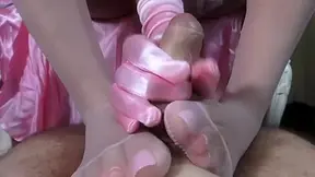 Majestic Glamour Princess Pink Nylons Footjerking Foot and Hand Job with Pink Satin Gloves - Cum on My Pink Nylon Feet by Foot Girls