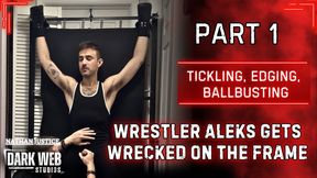 Ticklish Wrestler Aleks Gets Wrecked Strapped To The Frame Tickled, Jerked, And Ball Bumped (Part 1)