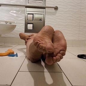 Public restroom pantie strip and nude play. Creampie on feet