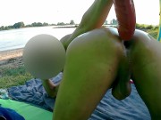 skinny ass, anal fun on the beach with big dildo