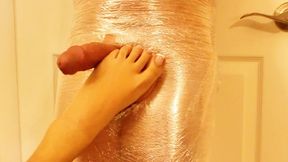 Cellophane Ballbusting with Handjobs Cum (MP4)