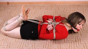 Ballgagged barefoot Agnes in red sweater and black shorts, hogtied with hemp rope, struggles on the floor (HD MP4)