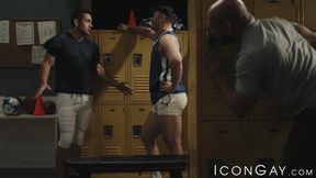 Dante Colle and Killian Knox take turns drilling Michael Boston in the locker room