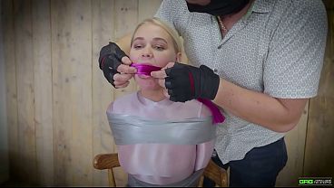 Darina - Blonde russian girl next door tied and gagged in bondage in glossy spandex catsuit EP