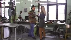 Sexy blonde in black stockings gangbanged in a tailoring lab!