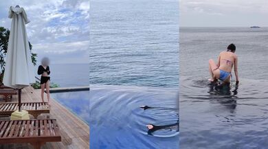 A collection of short videos of mermaid bikinis and black bikinis in the infinity pool