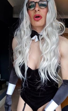 Blonde Bunny - Satin opera gloves, fishnet stockings, heels and suspenders