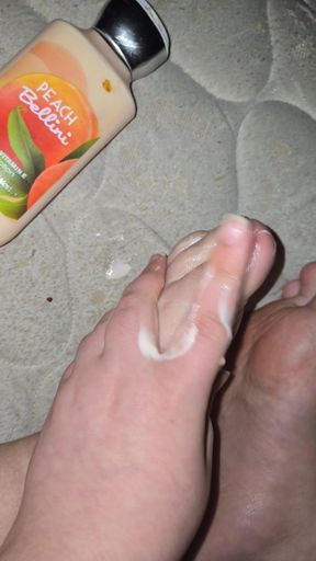 messy putting lotion on my clean chubby feet