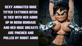Devastatingly hot anime bitch with huge tits and tattoos is tied with her hairy armpit arms stretched up in BDSM bondage and her huge breasts are pinched and pulled by machines to the limit of her endurance