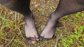 Outdoors walking the forest trail in just pantyhose tights (Part 1)