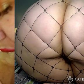 Hairy PAWG in Fishnet Pantyhose Gets Cum in Mouth