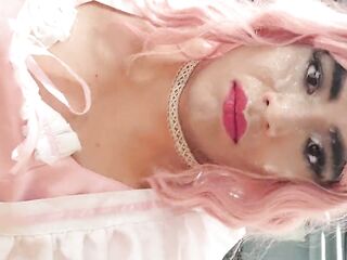 Sissy femboy self cum facial and public cumwalk