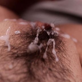 Close up beautiful hairy pussy fuck and cumshot with loud moaning female orgasm