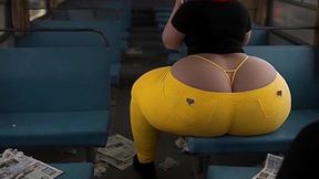 Big Ass Girl in Tight Yellow Leggings Waiting for the Bus