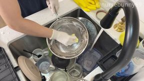 Dish Washing in Sanah Latex Exam Gloves Aerial View 1080p