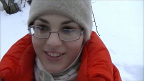 Nasty four eyed girlfriend swallows my thick load in winter wonderland